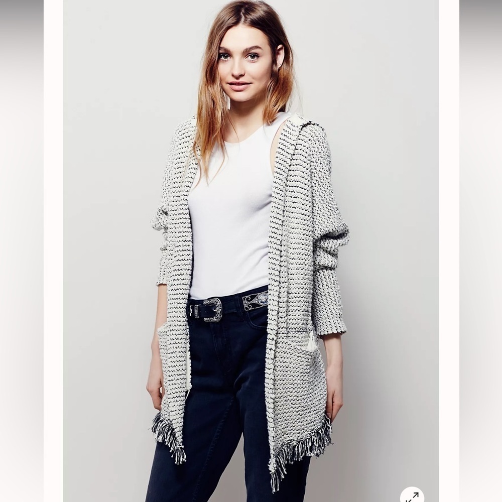 Free People Love Me Tender open Cardigan light blue fringe bottom hoodie Sz M